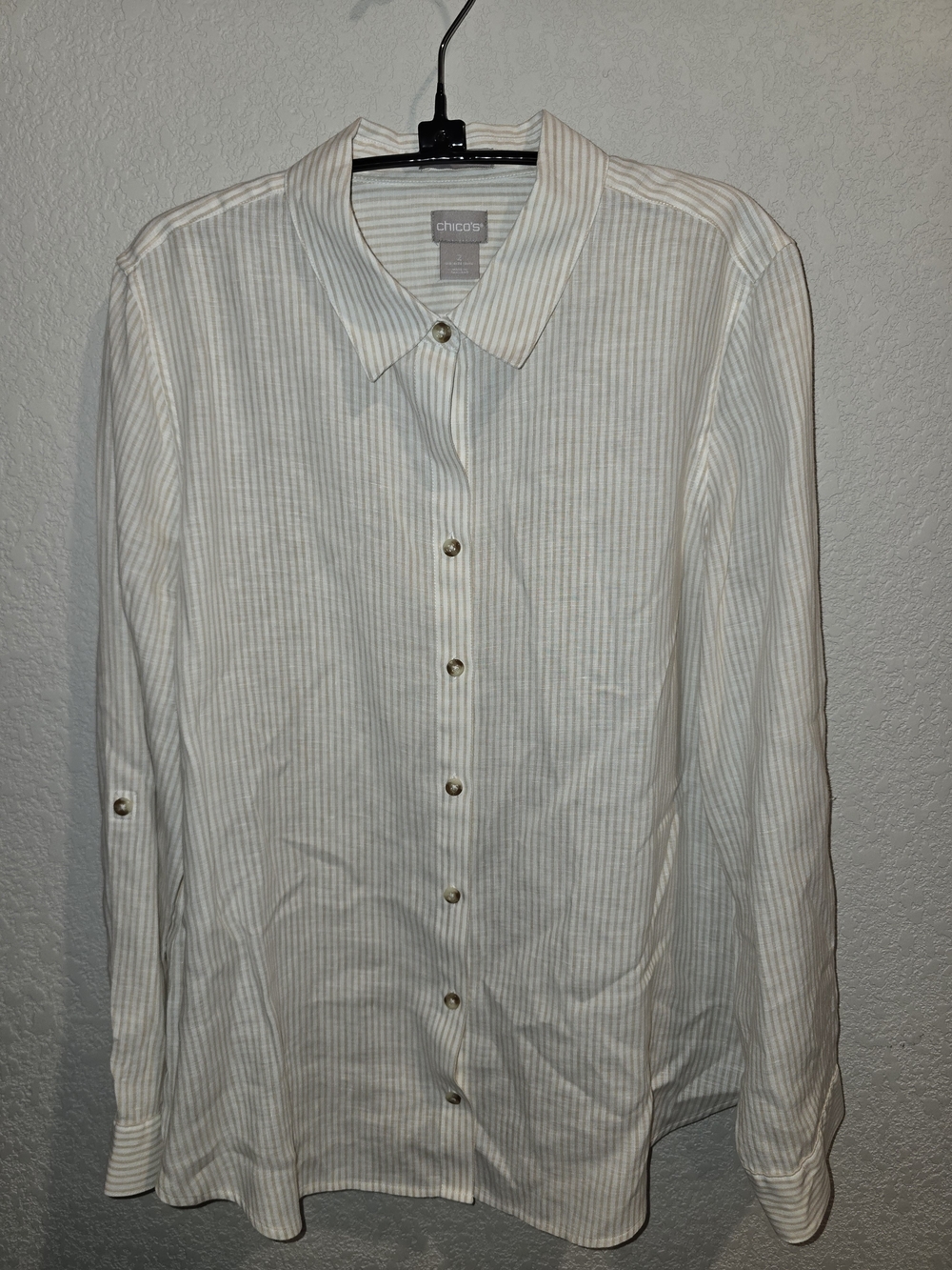 Chico's 100% Linen Striped No Iron Button-Down Shirt Women's Size 2 (US 12/14)